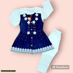 3 Pcs Girl's Stitched Denim Embroidered Frock and Trouser Set